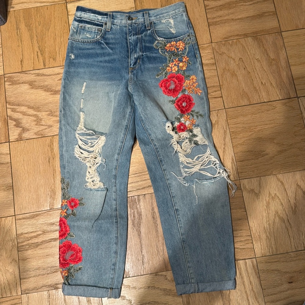 Carmar floral embroidered distressed jeans